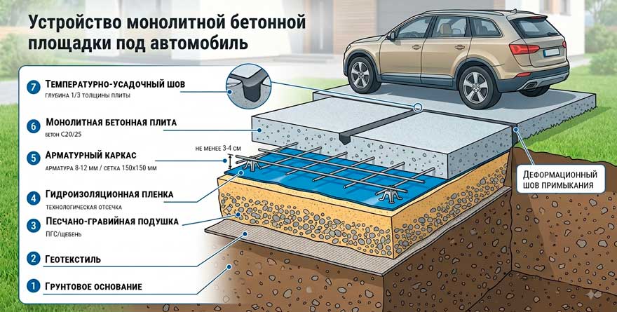 Устройство бетонной площадка под авто
